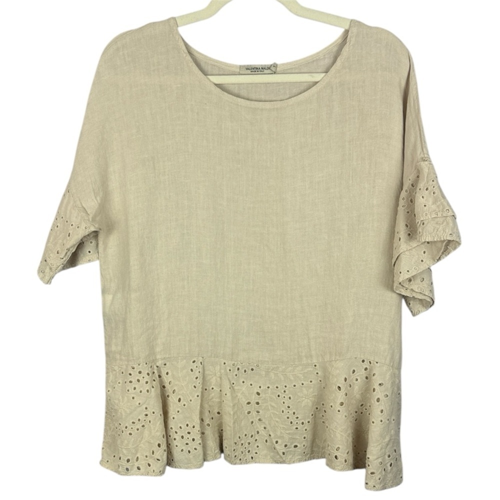 Valentina Naldi 100% Linen Cotton Cream Eyelet Ruffle Sleeves Hem Large Blouse